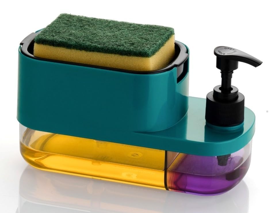 3-in-1 Soap Dispenser with Sponge Holder - Plastic - Multi-Color - 19.5 cm x 10.25 cm x 9 cm