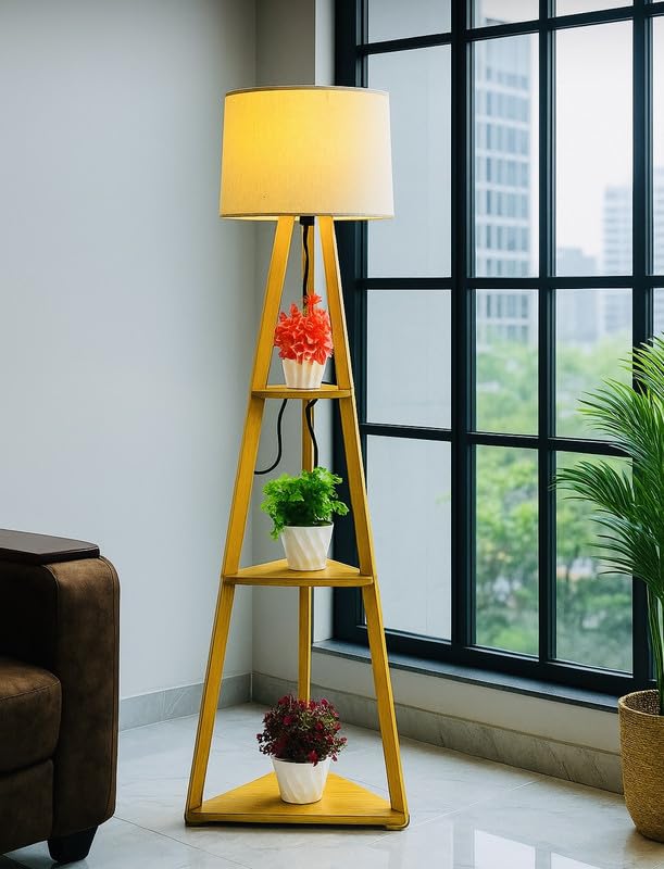 Floor Lamp Adjustable Wooden Tripod with Burlap Jute Drum Shade 11 x 12 Inch