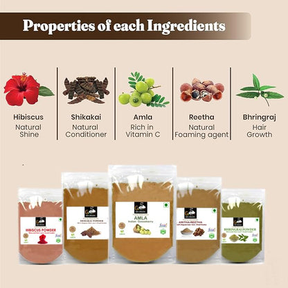Organic Amla, Reetha, Shikakai, Bhringraj & Hibiscus Powder Combo - 250g