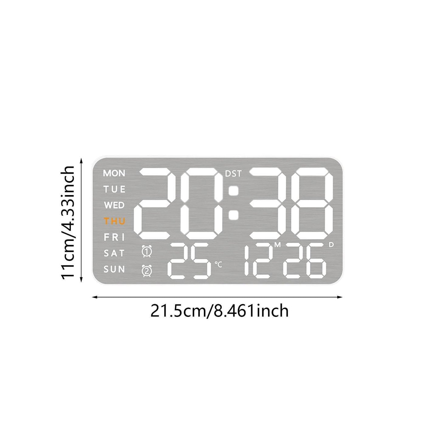 Digital Wall Clock with 9-Inch LED Display, Dual Alarm, Temperature, USB Powered - White