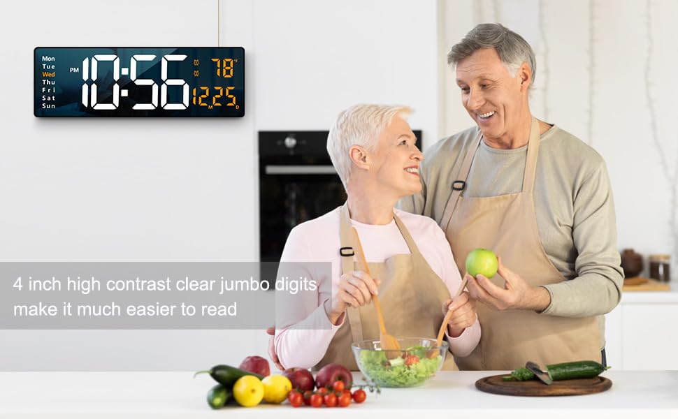 Digital Wall Clock with 16.2 Inch LED Display, Remote Control, Temperature Display, Black Plastic