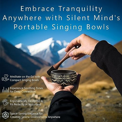 Tibetan Singing Bowl Set - Bliss Pattern - Black - 4 inch - Easy-Play Leather Striker & Hand Sewn Pillow