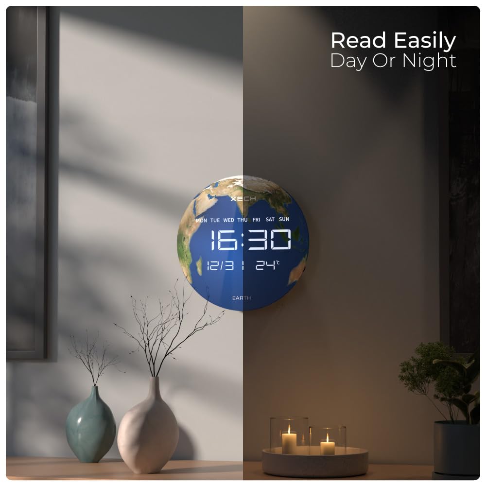 Digital Wall Clock with LED Display, 34cm Glass, USB Powered, Temporal Memory