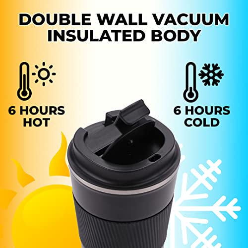 Insulated Coffee Mug with Lid & Sleeve - Double Wall Stainless Steel - 380ml - Black