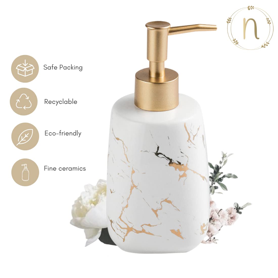 Ceramic Soap Dispenser with Pump - Marble Finish - 350ml - 6.8cm Diameter x 17.2cm Height