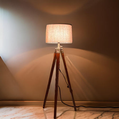 Floor Lamp with Built-in Storage - Wooden Teak in Classic Brown Finish - Modern Industrial Design