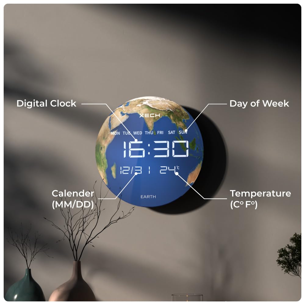 Digital Wall Clock with LED Display, 34cm Glass, USB Powered, Temporal Memory