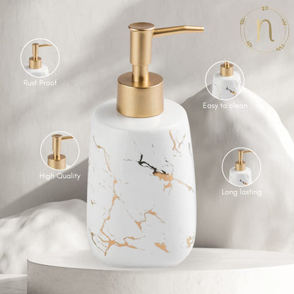 Ceramic Soap Dispenser with Pump - Marble Finish - 350ml - 6.8cm Diameter x 17.2cm Height