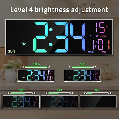 Digital Wall Clock with Remote Control, 15-Inch LED Display, Auto Brightness, Wall-Mounted or Desktop