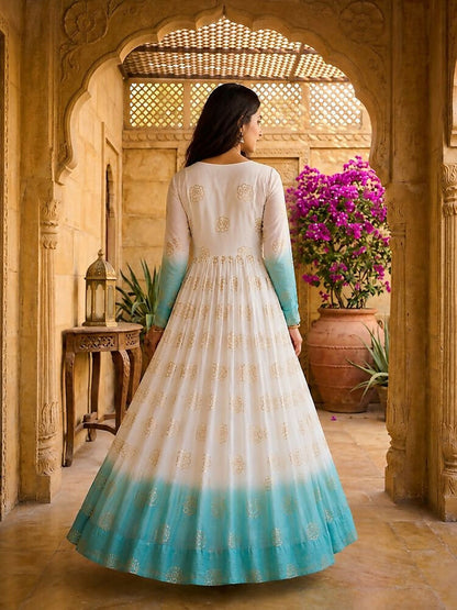Teeya Creation Sky Blue and White Gradient Anarkali Gown with Gold Floral Motifs