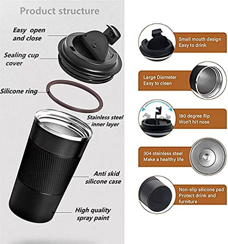 Insulated Coffee Mug with Leakproof Lid, Stainless Steel, Black, 510ml