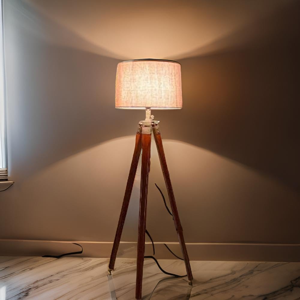 Floor Lamp with Built-in Storage - Wooden Teak in Classic Brown Finish - Modern Industrial Design