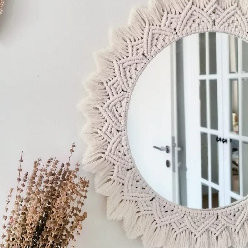 Round Macrame Wall Mirror with Off-White Cotton, 45 cm Diameter, Handmade for Bedroom and Living Room Decor