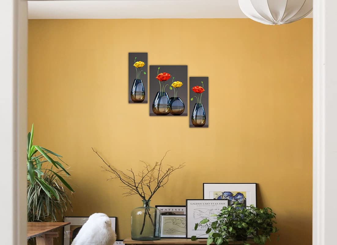 Canvas Painting Set of 3 - Red & Yellow Flower Vase Design - 45 cm x 30 cm - Modern Art for Living Room & Office