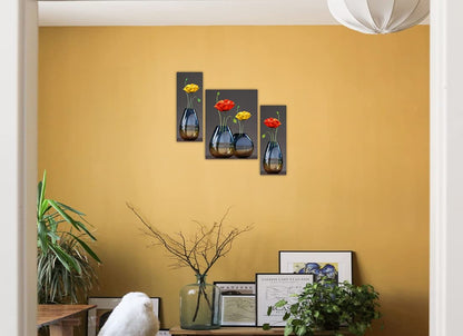 Canvas Painting Set of 3 - Red & Yellow Flower Vase Design - 45 cm x 30 cm - Modern Art for Living Room & Office