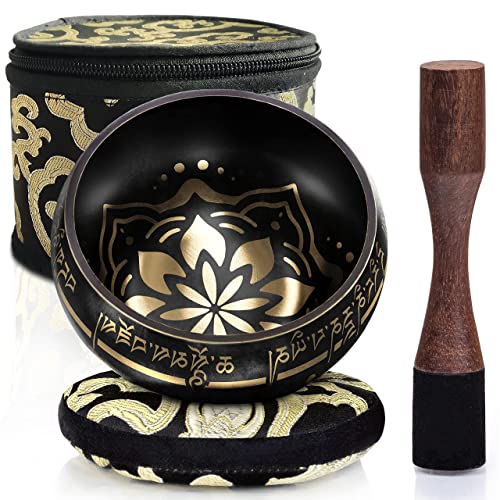 Tibetan Singing Bowl Set - Bliss Pattern - Black - 4 inch - Easy-Play Leather Striker & Hand Sewn Pillow