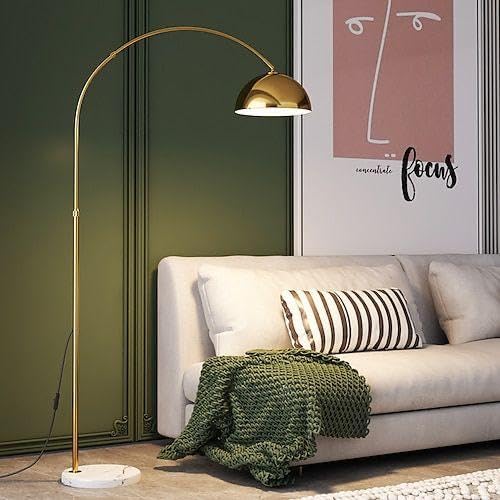 Arc Floor Lamp with Dome Shade, Tri Colour LED, Gold Metal, Adjustable Design