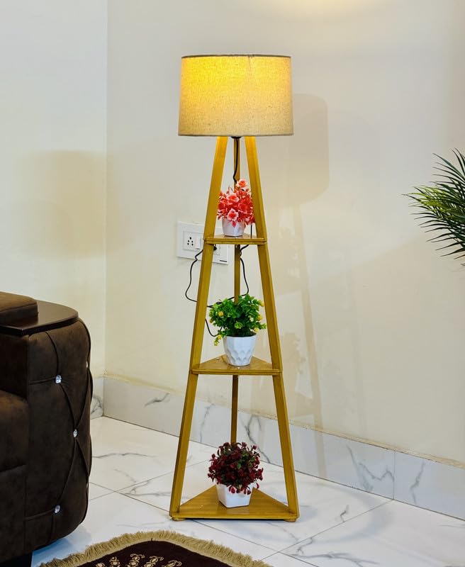 Floor Lamp Adjustable Wooden Tripod with Burlap Jute Drum Shade 11 x 12 Inch