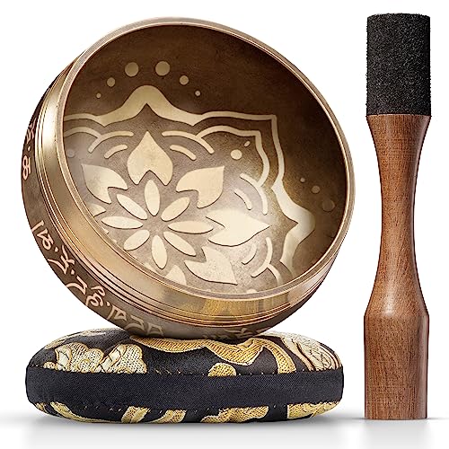 Singing Bowl Set with Dual-End Striker & Cushion - Matte Gold Finish