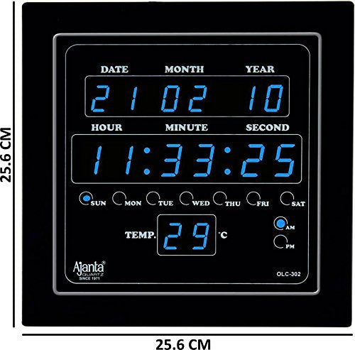 Digital LED Square Wall Clock - Blue Glass, 25.4 cm x 25.4 cm x 3.5 cm