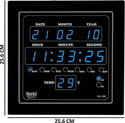 Digital LED Square Wall Clock - Blue Glass, 25.4 cm x 25.4 cm x 3.5 cm