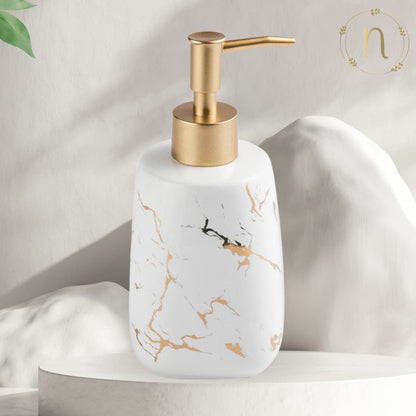 Ceramic Soap Dispenser with Pump - Marble Finish - 350ml - 6.8cm Diameter x 17.2cm Height