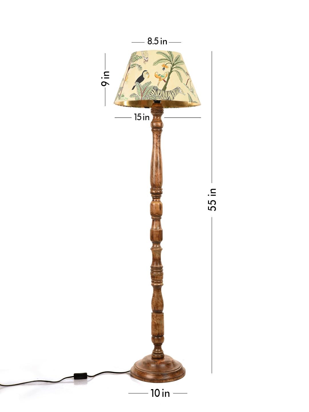 Floor Lamp with Multicolor Taper Shade in Green - Mango Wood Base - 9x15x55 inches