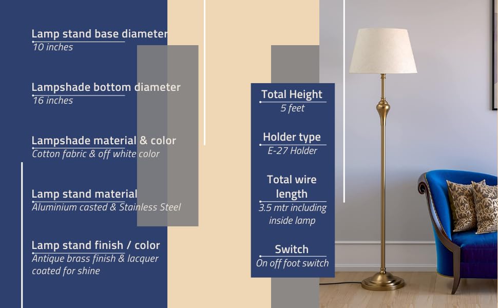 Floor Lamp Antique Gold Finish Metal 5ft Height Off White Beige Lampshade 16 inches