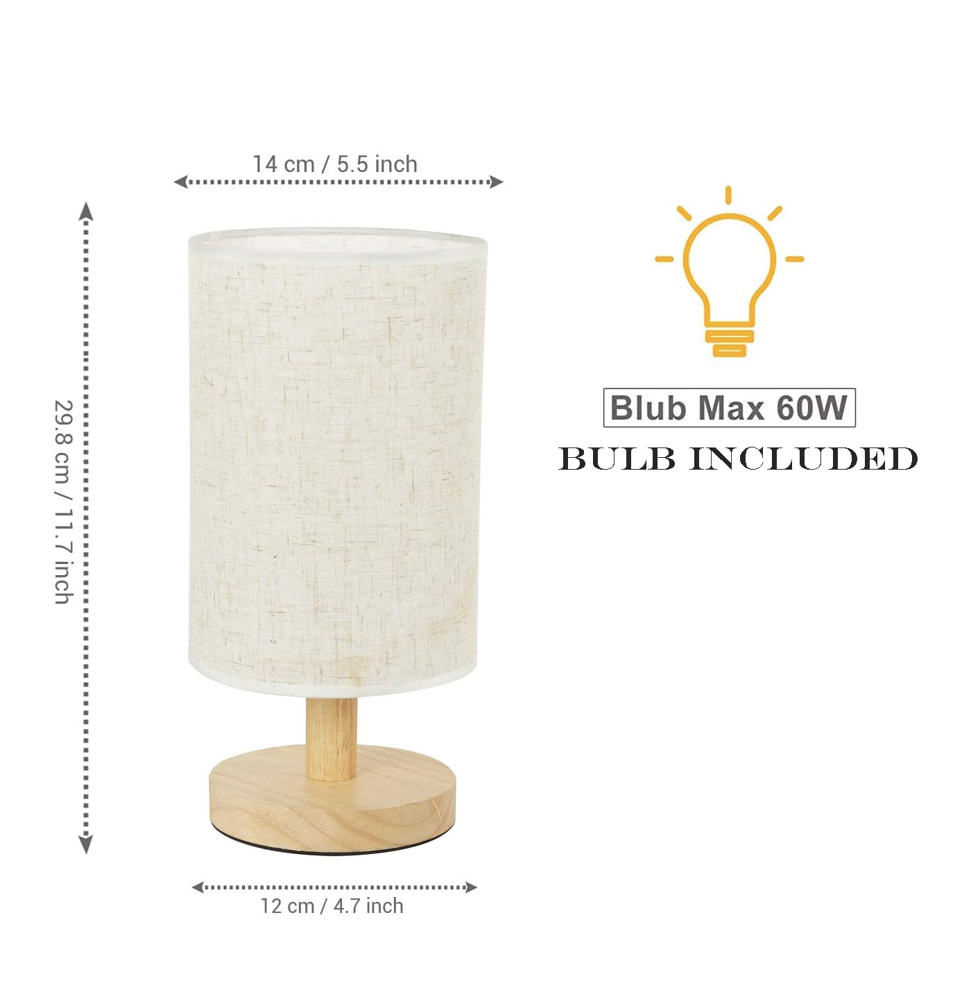 Table Lamp with Linen Shade and Wooden Base - 11.7 Inch - LED Desk Light for Bedroom, Living Room, Office
