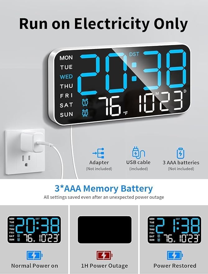 9-Inch LED Digital Wall Clock with Dual Alarms, Voice Control, and Temperature Display