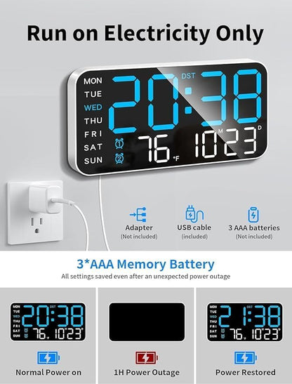 9-Inch LED Digital Wall Clock with Dual Alarms, Voice Control, and Temperature Display