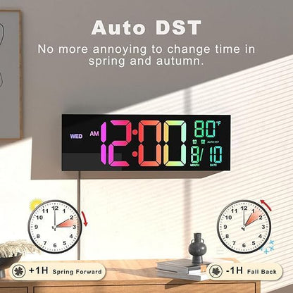 Digital Wall Clock with Remote Control, 15-Inch LED Display, Auto Brightness, Wall-Mounted or Desktop