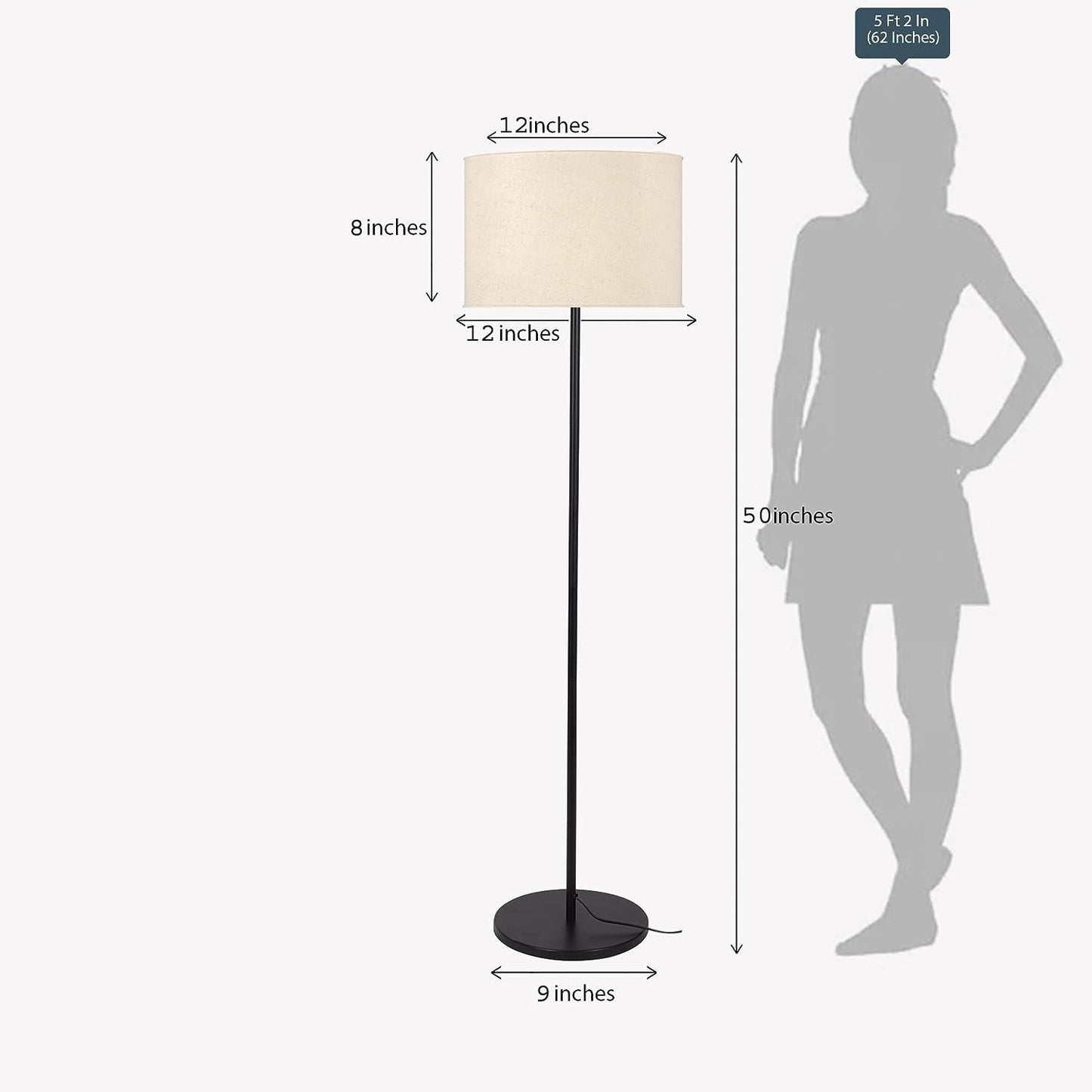 Modern Floor Lamp with Lampshade - Black Metal - 4Ft Height - 12 Inch Shade