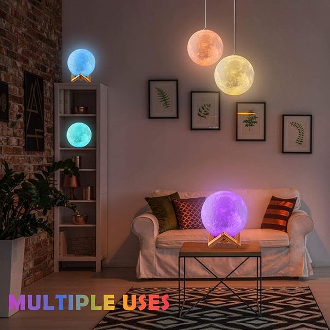 3D Moon Lamp with Wooden Stand - 15cm Touch Sensor LED Night Light - USB Rechargeable - 7 Color Changing