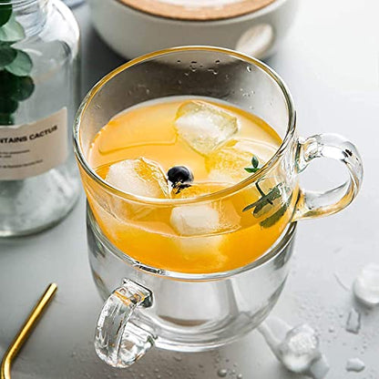 Large Coffee Mug Set of 2 - 450ml Glass with Round Handle for Coffee, Tea, and Soup