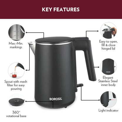 Borosil 1 L 1200W Stainless Steel Cool touch Electric Kettle