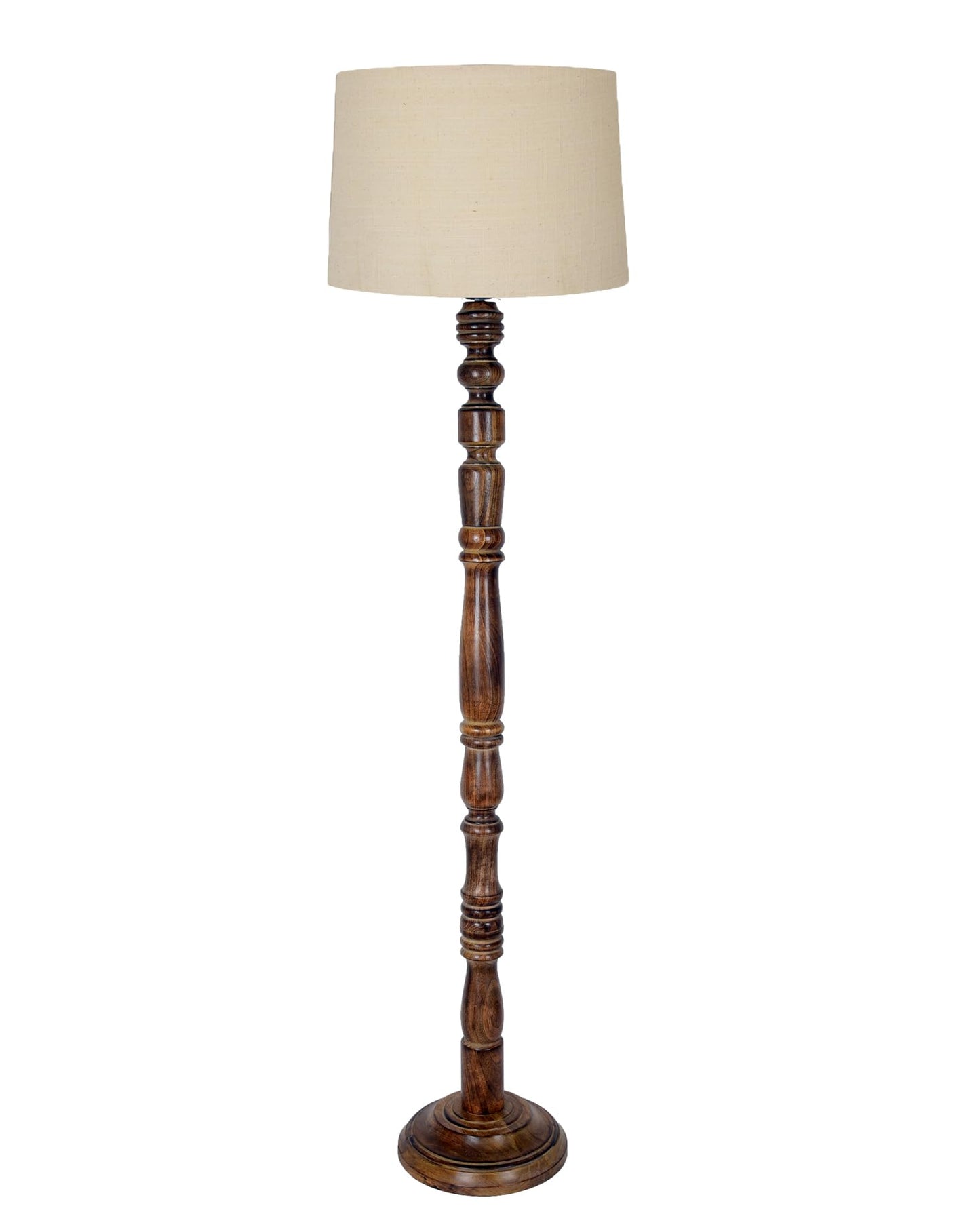 Rustic Floor Lamp with Multicolor Fabric Shade - Walnut Brown - 142x30x28 cm