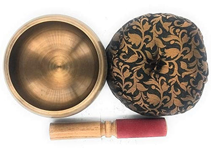 Singing Bowl Antique Gold Brass Traditional Tibetan 6 Inches with Cushion and Mallet