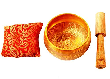 Singing Bowl Set with Embossed Patterns - 5 Metals - 4 inches Diameter - Tibetan Buddhist Instrument