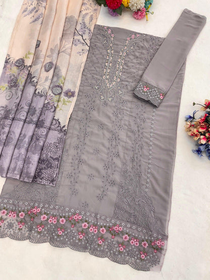 Anaita Grey Faux Georgette Suit With Embroidery Work