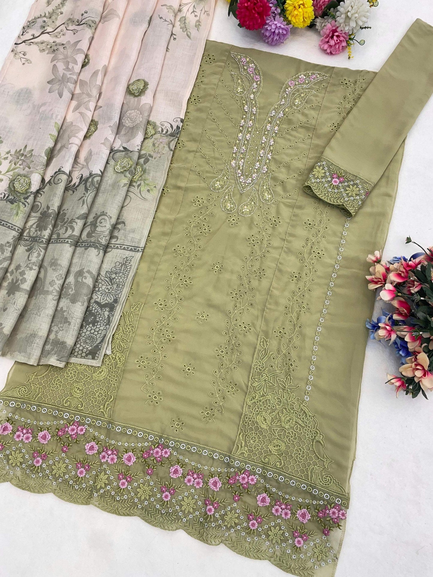 Anaita Mehndi Faux Georgette Suit With Embroidery Work