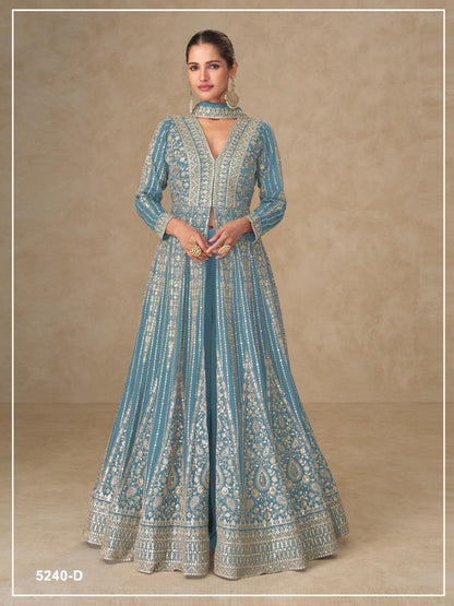 Anaita Blue Chinon Stitched Anarkali Suits With Embroidery & Sequence Work