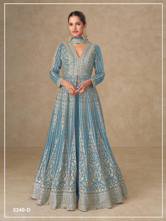 Anaita Blue Chinon Stitched Anarkali Suits With Embroidery & Sequence Work