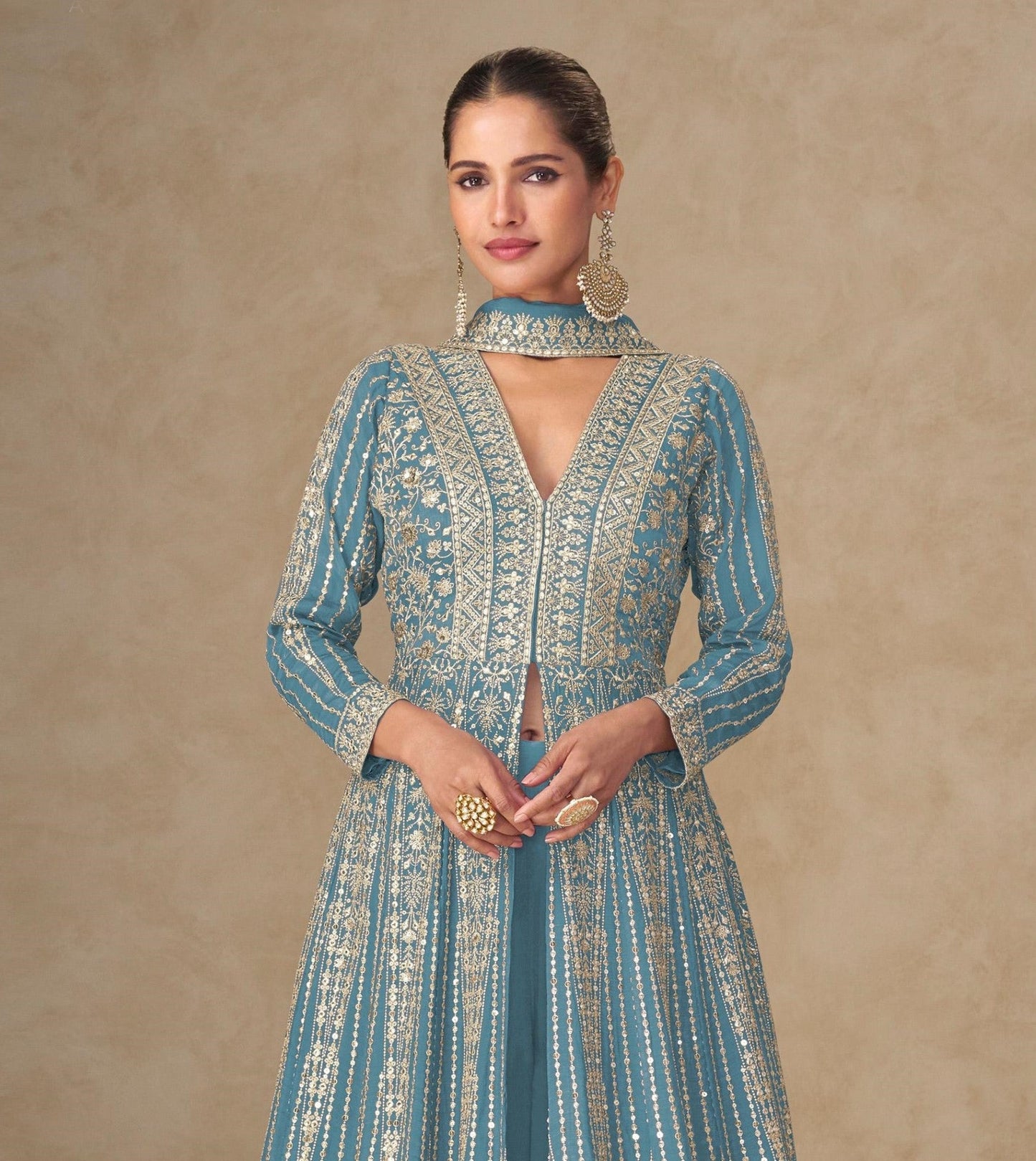 Anaita Blue Chinon Stitched Anarkali Suits With Embroidery & Sequence Work