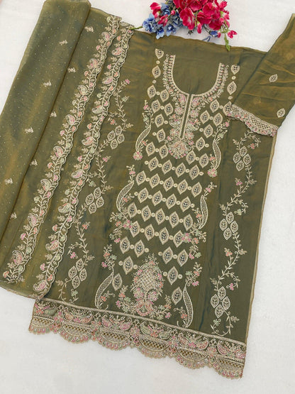 Anaita D Green Silk Suit with Embroidery & Sequence Work