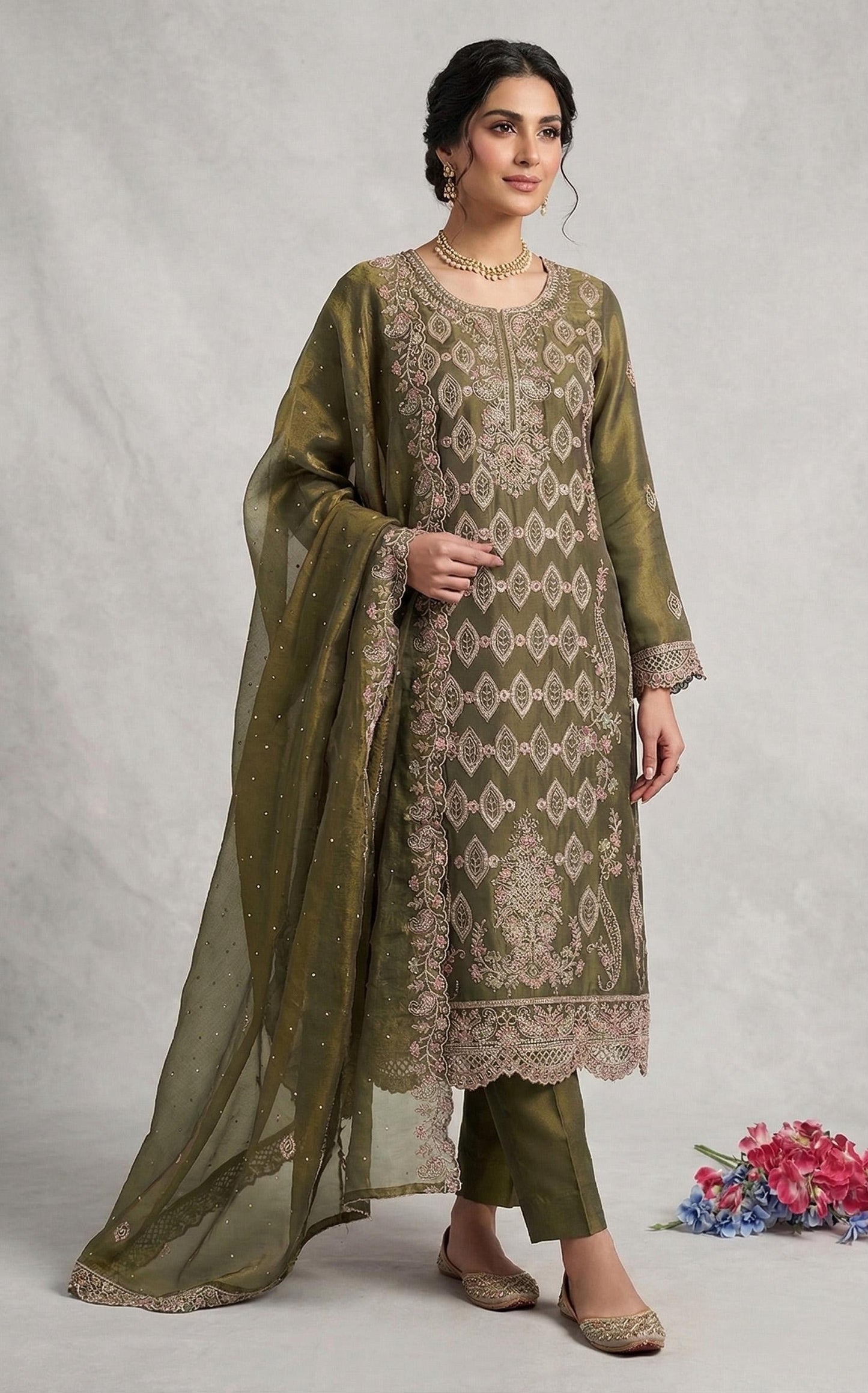 Anaita Mehendi Silk Suit with Embroidery & Sequence Work