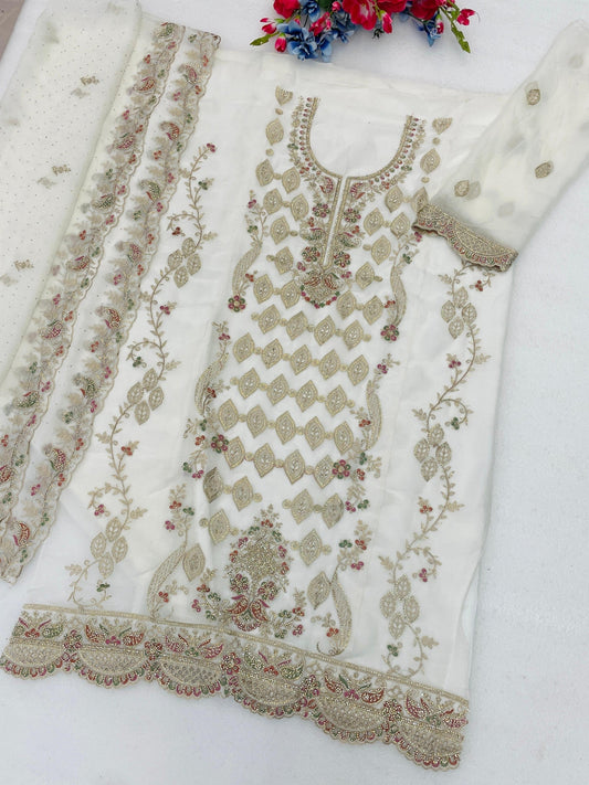 Anaita White Silk Suit with Embroidery & Sequence Work
