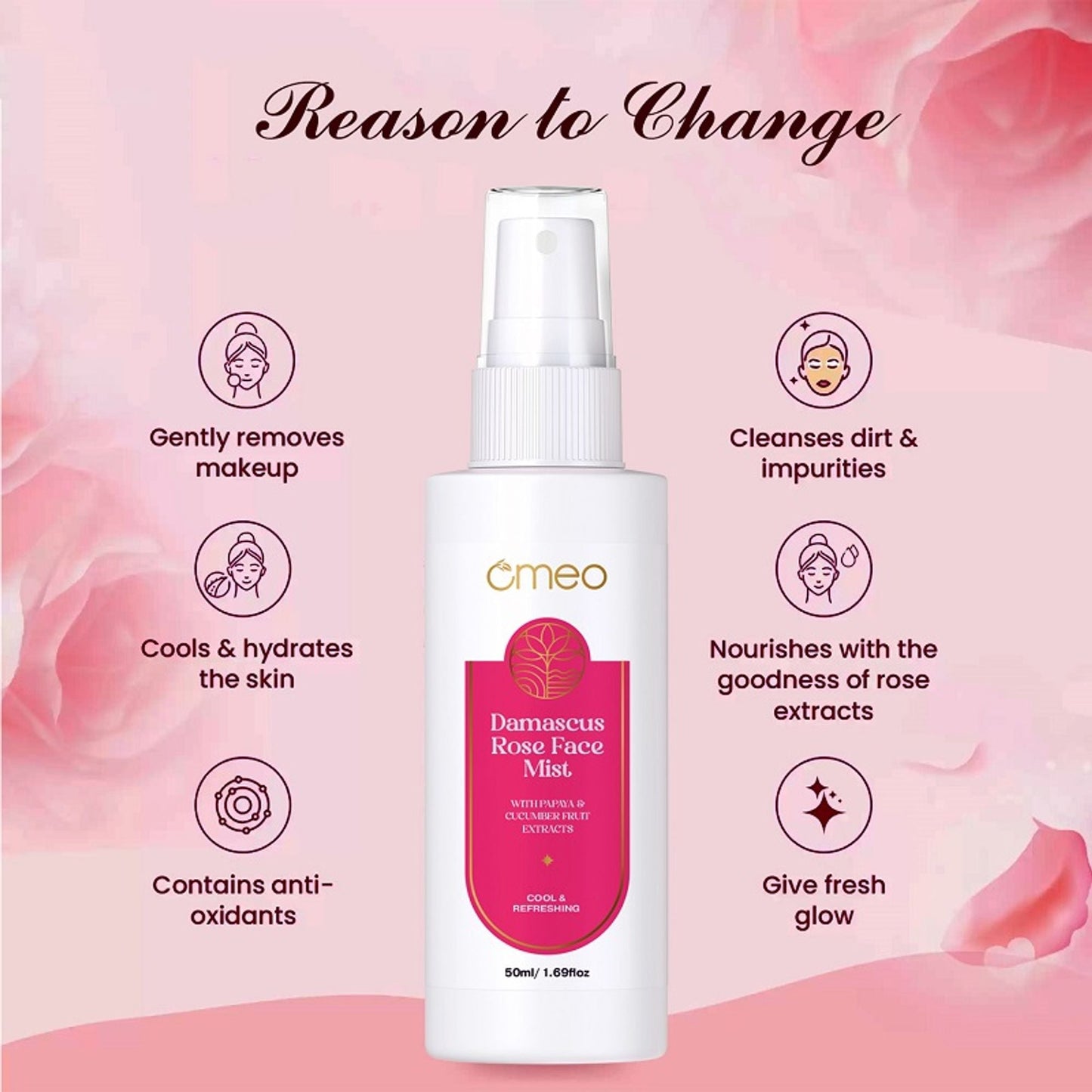 Omeo Damascus Rose Face Mist With Papaya & Cucumber Extract - Cool & Refershing