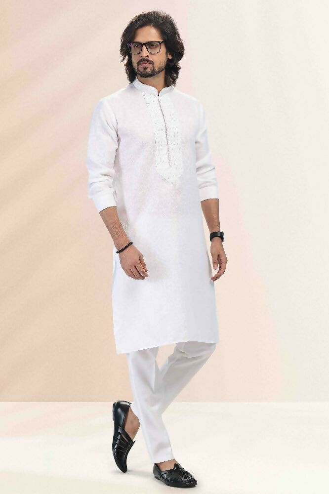Raivat Ethnic Linen Cotton Pintux Work Kurta Pajama In Off White Colour