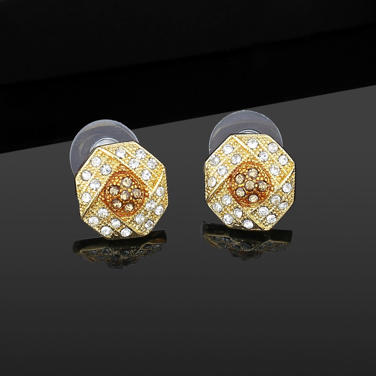 Gold Plated White Austrian Crystal Stone Round Stud Earrings For Womens